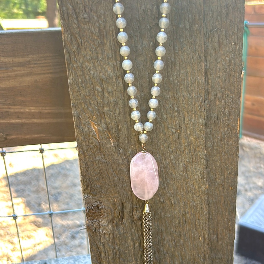 Rose quartz pendant and crackled agate Stone handmade vintage Necklace - Picture 6 of 7